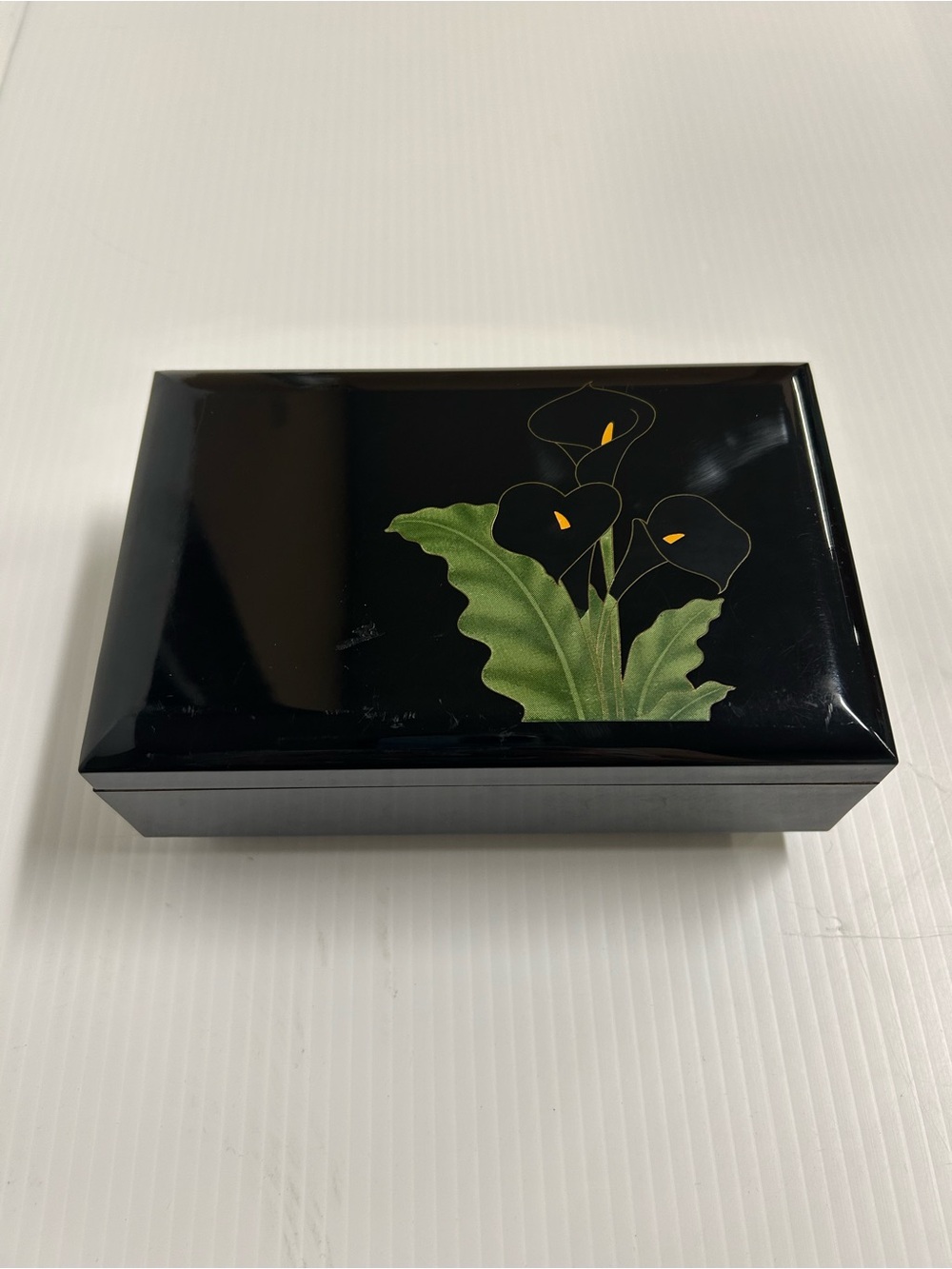 Vintage Otagiri Japan Waltz of the Flowers Music Jewelry Box Black Lacquer Lily